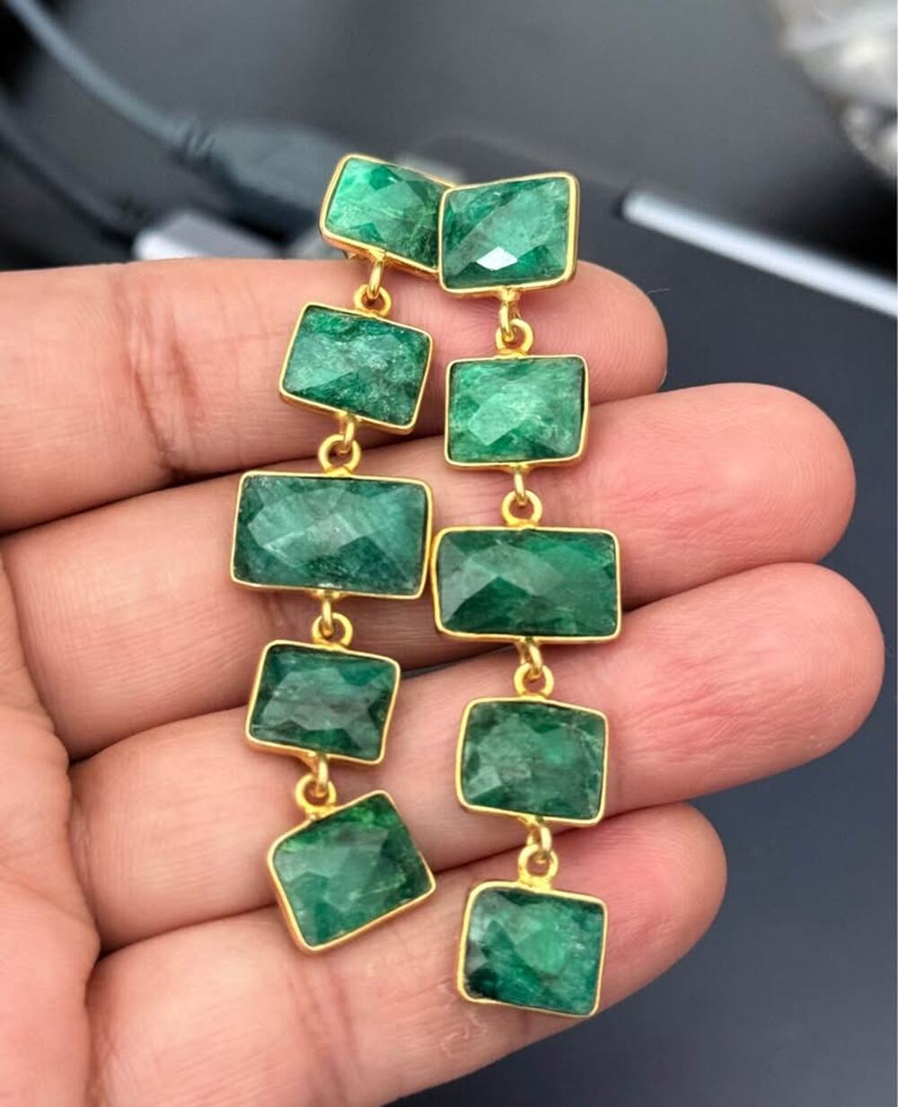 Natural Emerald earrings 18 karat gold over sterling silver, long green earrings